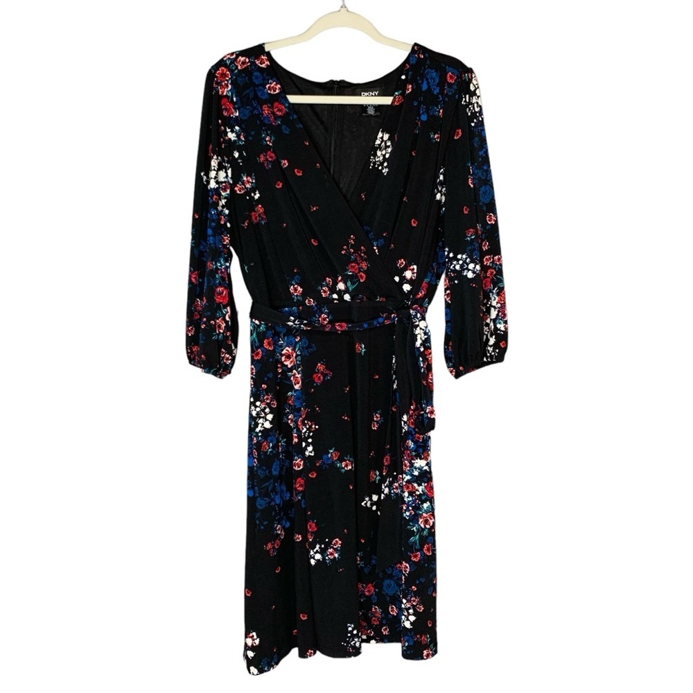 DKNY black long sleeve floral surplice dress. Size‎ 14